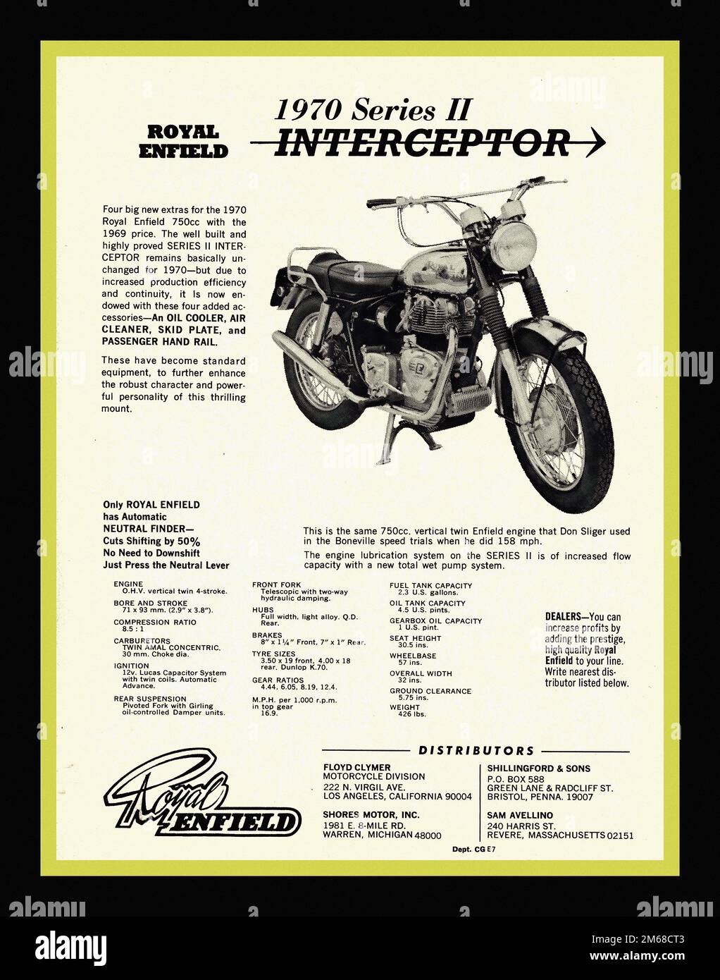 Royal Enfield Interceptor 750 cc 1970 - Publicité de moto d'époque Banque D'Images