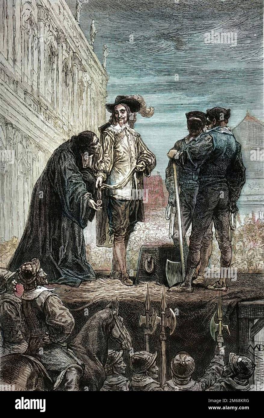 The Execution of King Charles The First - Execution du roi Charles Ier Stuart d'Angleterre (1600-1649) a Whitehall - le roi remit son collier a l'eveque en lui présentant 'intervenez-vous' - Banque D'Images