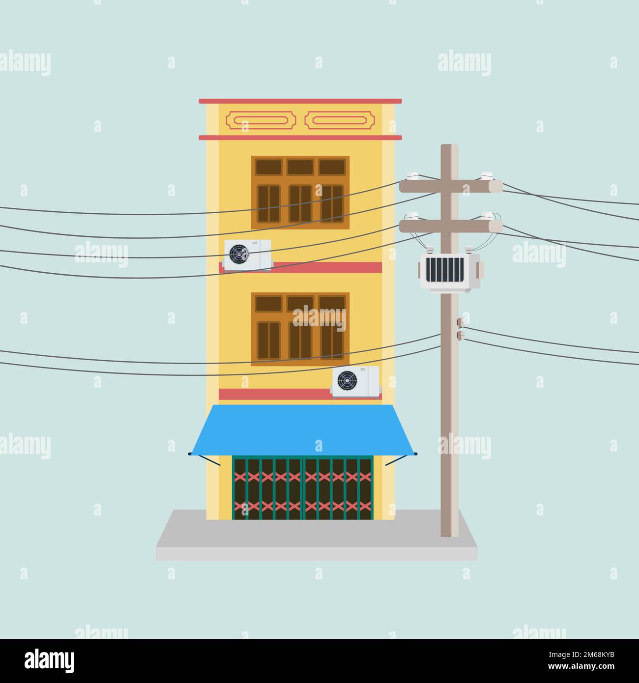 Bâtiments de magasins ou de magasins avec illustration du vecteur Power Pole. Scène urbaine avec le sentier. Style thaïlandais maison ancienne Illustration de Vecteur