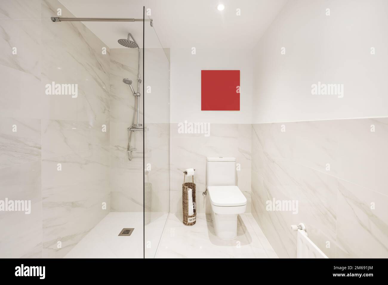 Salle de bains avec toilettes en porcelaine blanche, miroir avec cadre assorti, carrelage en marbre et cabine de douche à parois de verre Banque D'Images