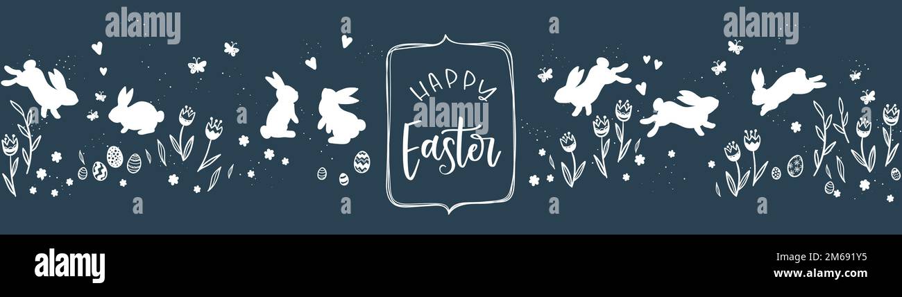 Joli motif de Pâques horizontal sans couture dessiné à la main avec des lapins, des fleurs, des œufs de pâques, un magnifique arrière-plan, idéal pour les cartes de Pâques, bannière, textiles, Illustration de Vecteur