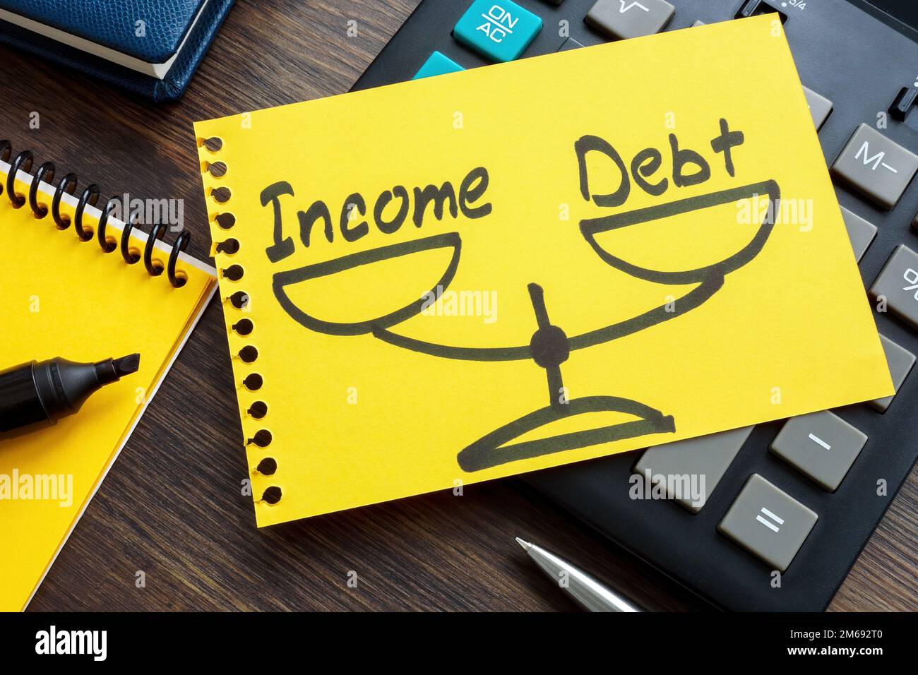 Rapport dette/revenu concept DTI. Une page d'un bloc-notes avec des poids dessinés se trouve sur une calculatrice. Banque D'Images