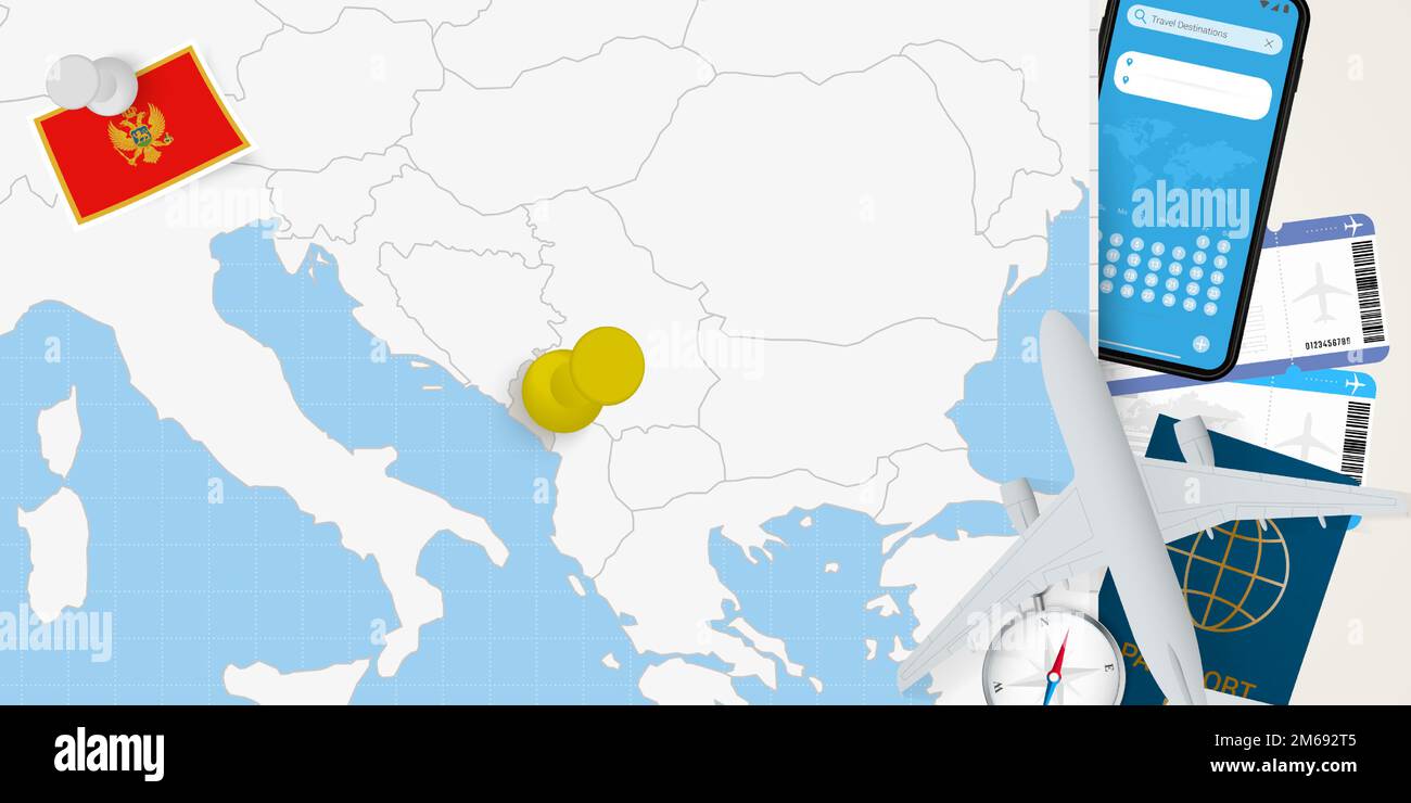 Voyage au Monténégro concept, carte avec PIN sur la carte du Monténégro. Carte de préparation