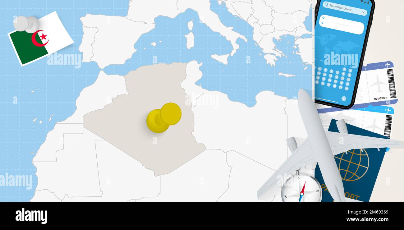 Voyage à l'Algérie concept, carte avec PIN sur la carte de l'Algérie. Carte de préparation des vacances, drapeau, passeport et billets. Illustration vectorielle en conception plate. Illustration de Vecteur