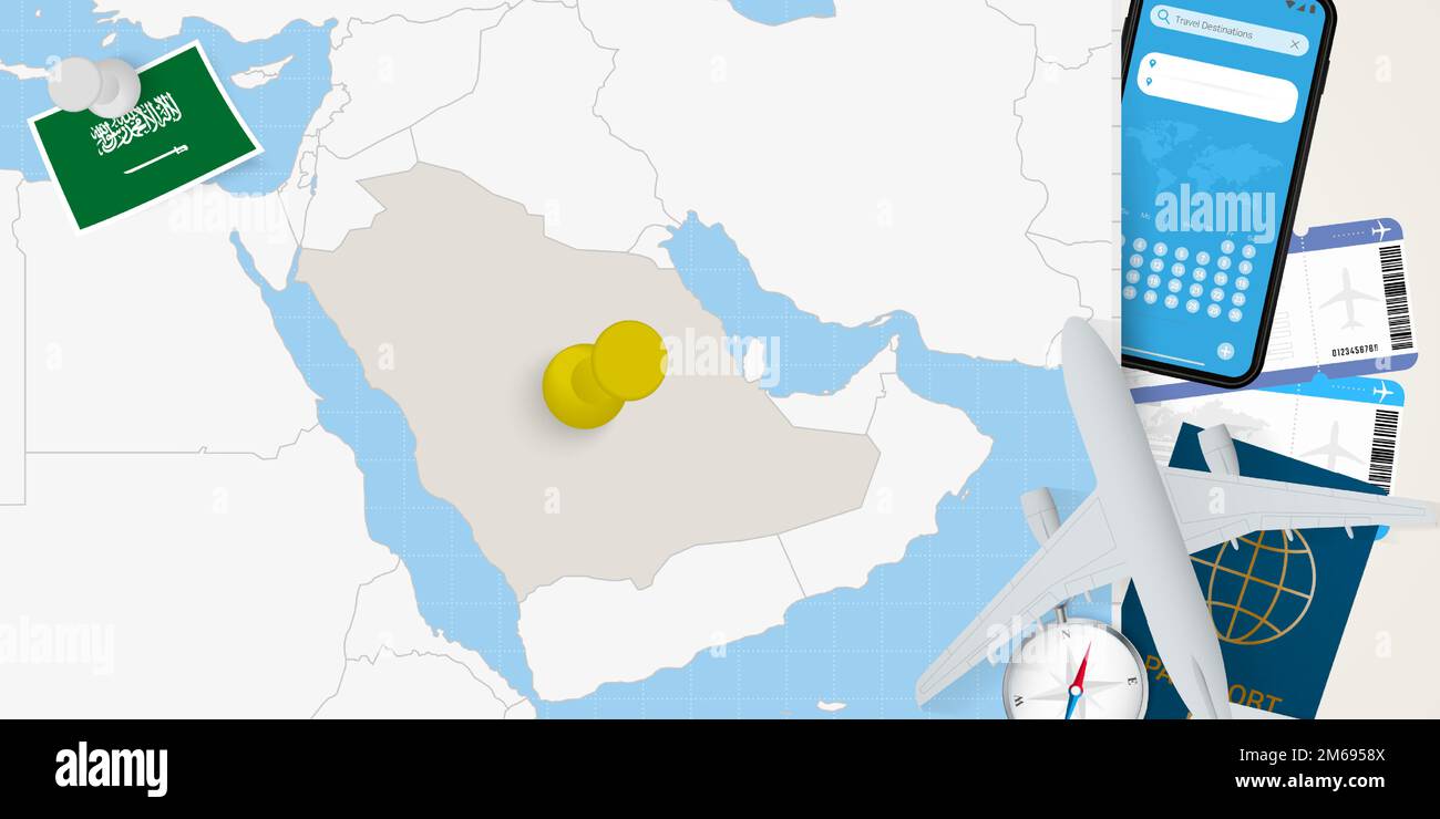 Voyage en Arabie Saoudite concept, carte avec PIN sur la carte de l'Arabie Saoudite. Carte de préparation des vacances, drapeau, passeport et billets. Illustration vectorielle à plat Illustration de Vecteur