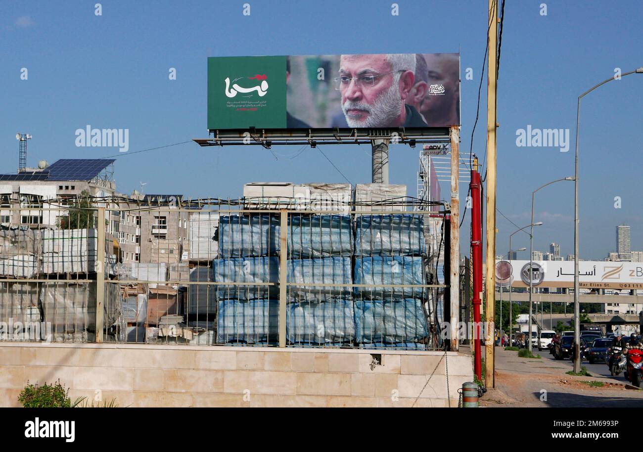 Le mouvement chiite du Hezbollah rend hommage à l'officier militaire iranien Abu Mahdi al-Muhandis, Beyrouth, Liban, 3 janvier 2023. Abu Mahdi a été tué avec Qasem Soleimani le 3 janvier 2020 par un tir de drone américain en Irak, près de l'aéroport international de Bagdad. (Photo d'Elisa Gestri/SIPA USA) Banque D'Images