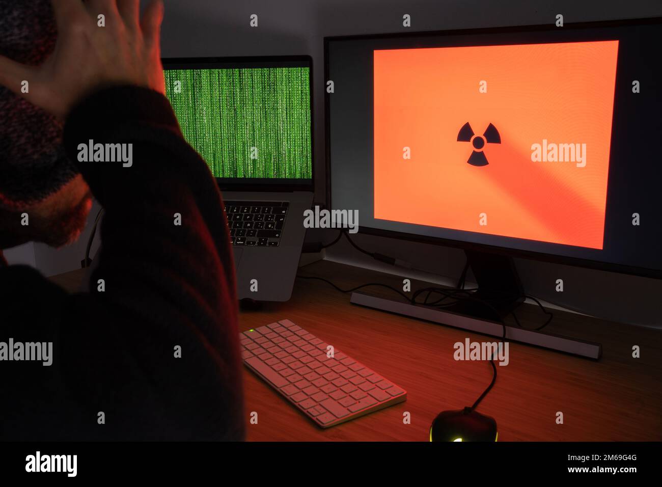 Hacker garçon avec les mains dans l'expression de la tête en danger briser les systèmes en ligne voler l'information Banque D'Images