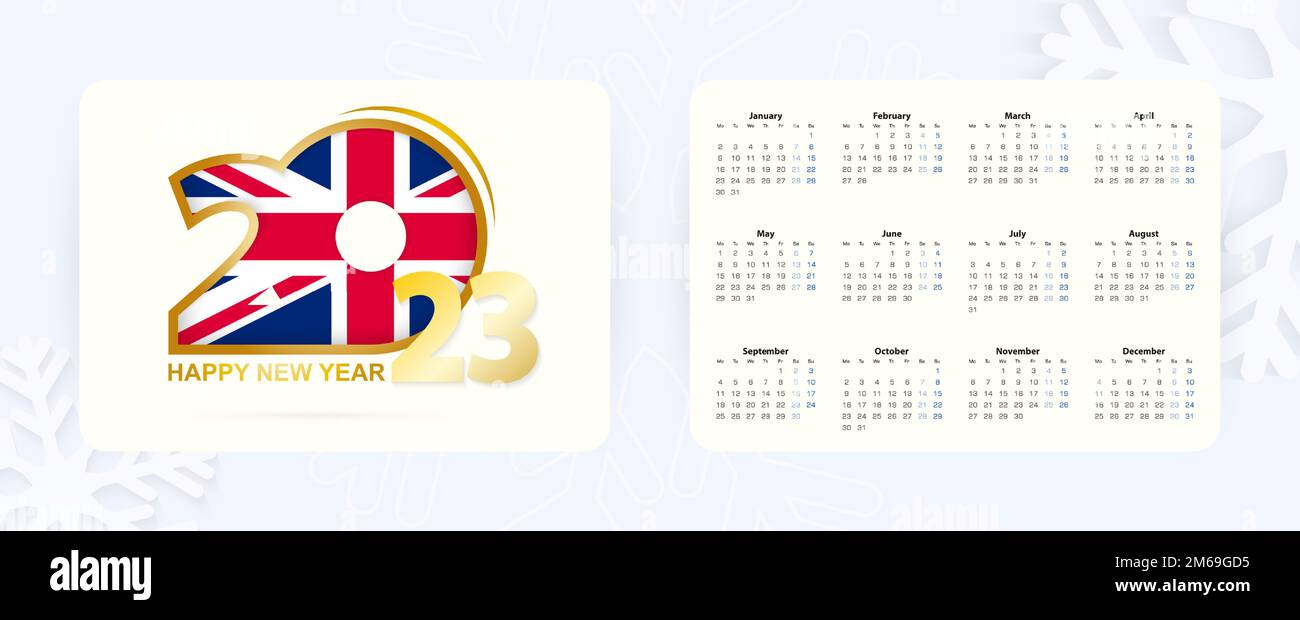 Calendrier horizontal de poche 2023 en anglais. Icône de la nouvelle année 2023 avec drapeau du Royaume-Uni. Calendrier vectoriel. Illustration de Vecteur