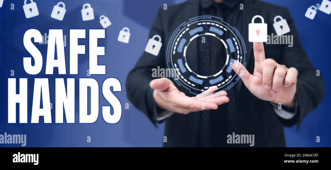 Panneau d'écriture à la main mains sûres. Mot écrit sur assurer la stérilité et la propreté des mains pour la décontamination Banque D'Images