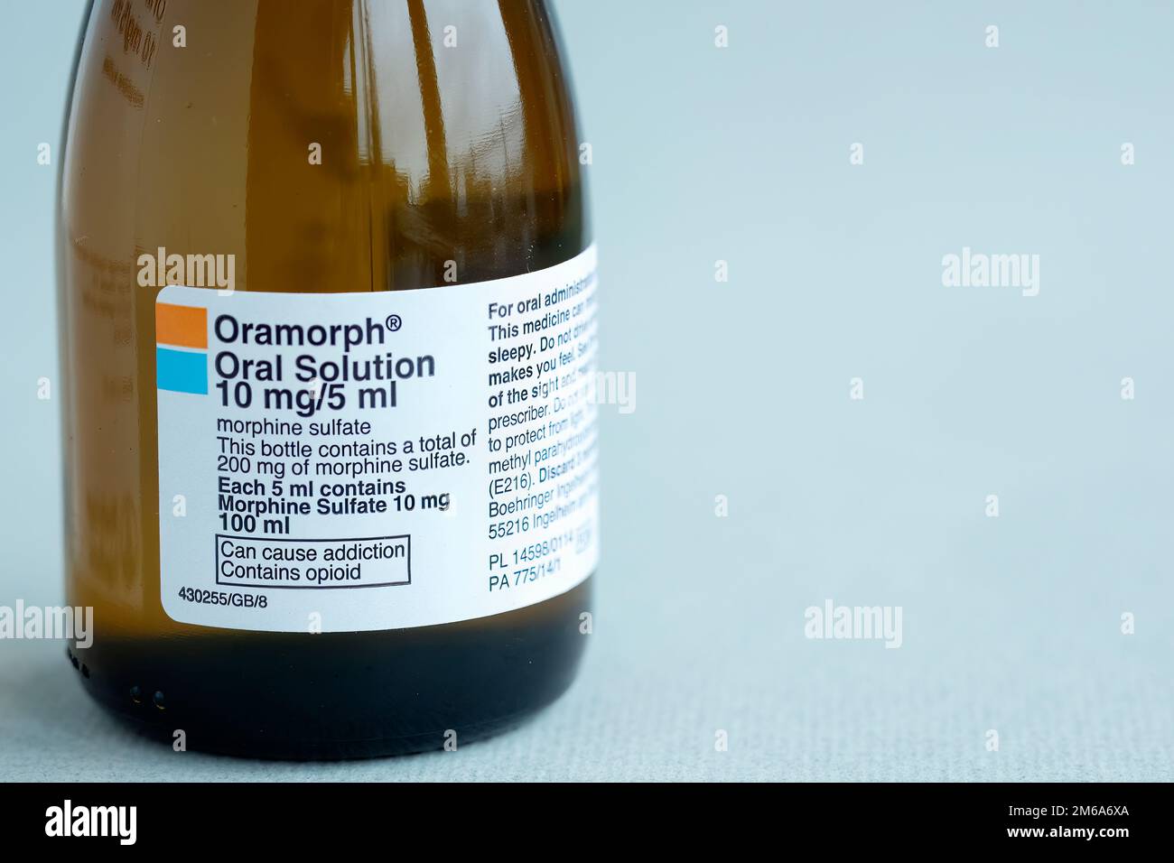 Un flacon de solution orale Oramorph. Un médicament analgésique à base de morphine, à base d'opiacés, prescrit au royaume-uni pour soulager la douleur modérée à sévère Banque D'Images