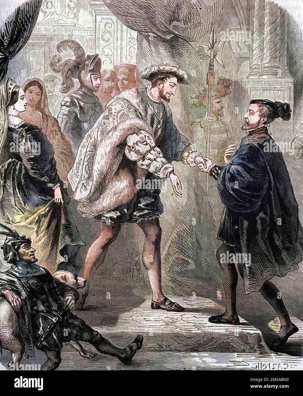 François 1er, roi de France (1494-1547) et Charles Quint (1500-1558) se rendit au château de Chatellerault en janvier 1540. Dans 'Histoire populaire de la France', vers 1885. Gravure. Banque D'Images