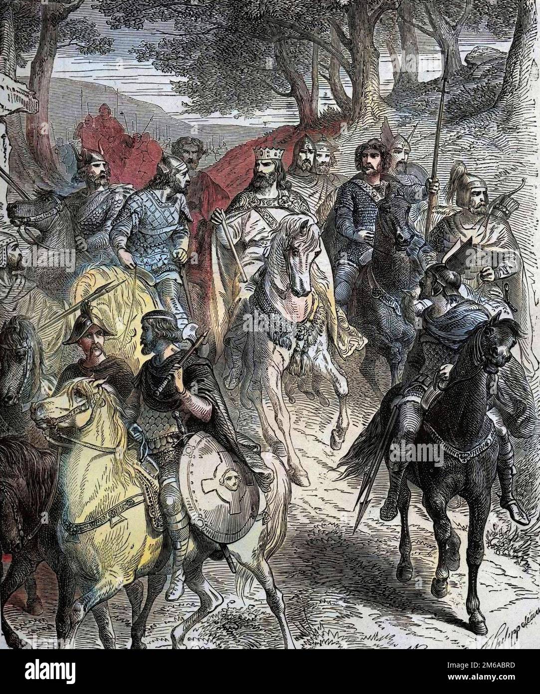 Passage des Alpes par Charlemagne (747-814), roi des Francs. Charlemagne soumet les Lombards. Gravure de 1891 Banque D'Images