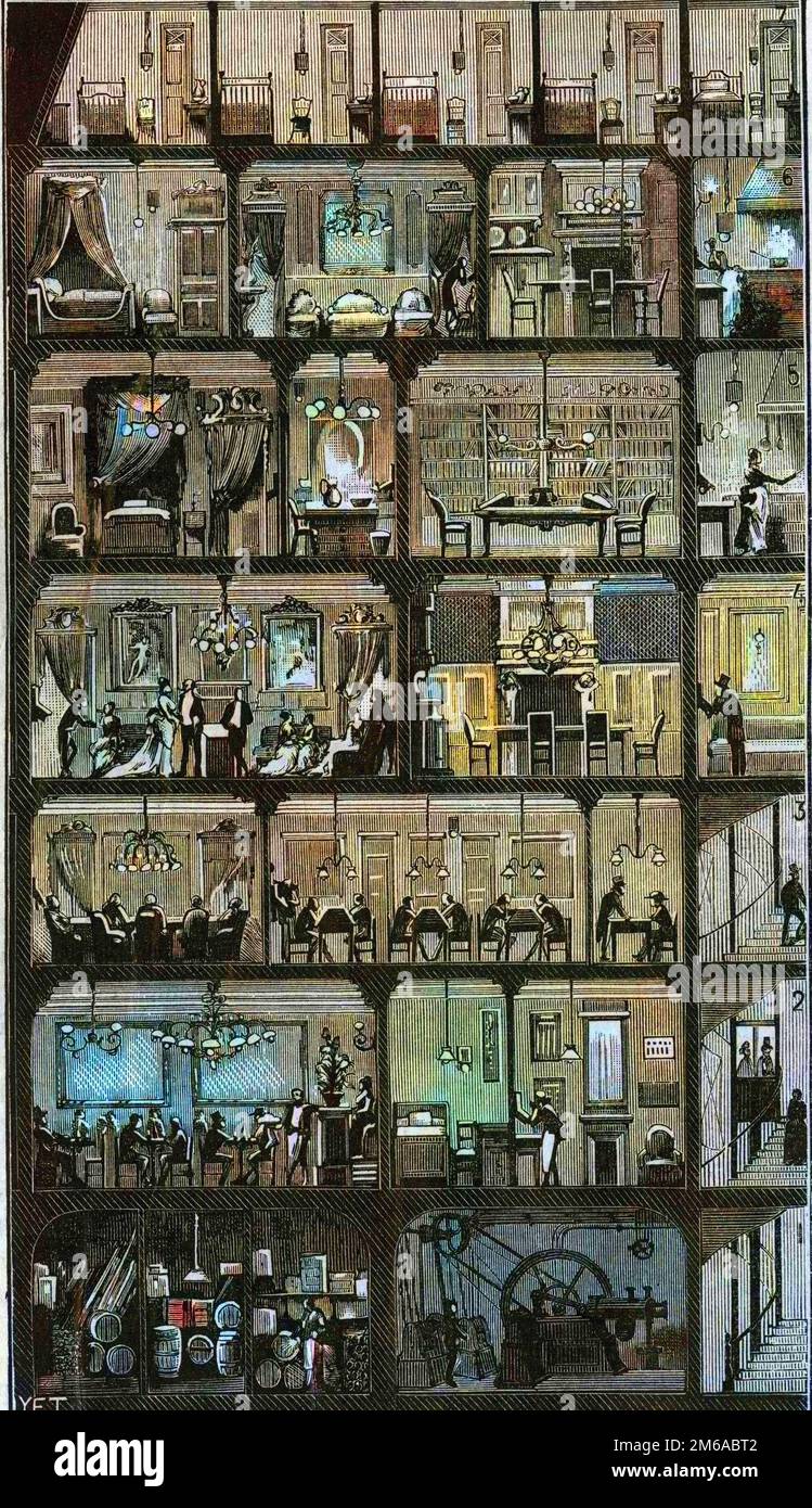 Coupe transversale d'un immeuble Haussmann - coupe transversale d'un immeuble haussmannien a Paris en 1885. En haut les chambres de bonnes et dans les autres etages, bureaux, appartements et salle de réception (réunion). Banque D'Images