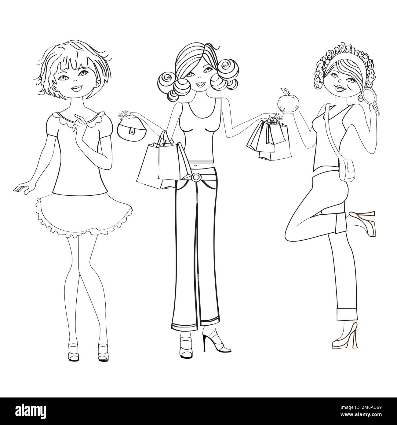 Trois jolies filles mode, noir et blanc illustration vectorielle isolée sur fond blanc Banque D'Images