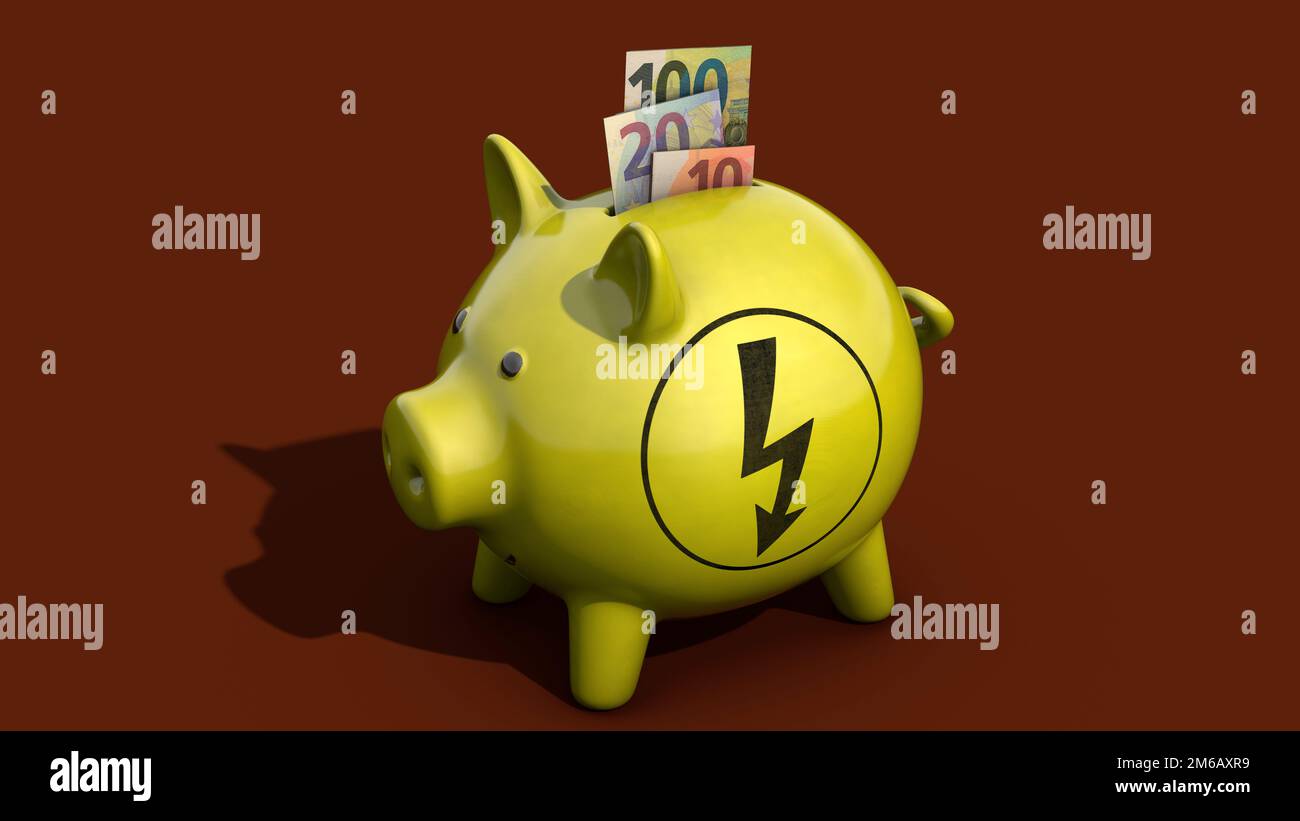 Banque de cochon avec symbole d'énergie et factures en euros Banque D'Images