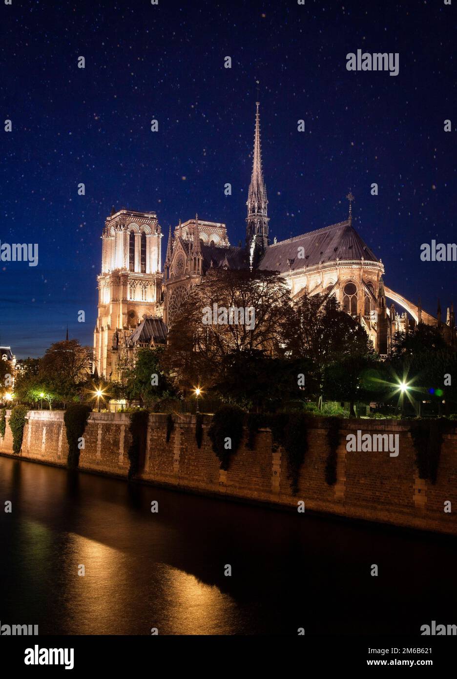 Les lumières de notre Dame viennent la nuit le long de la Seine à Paris, en France. Banque D'Images