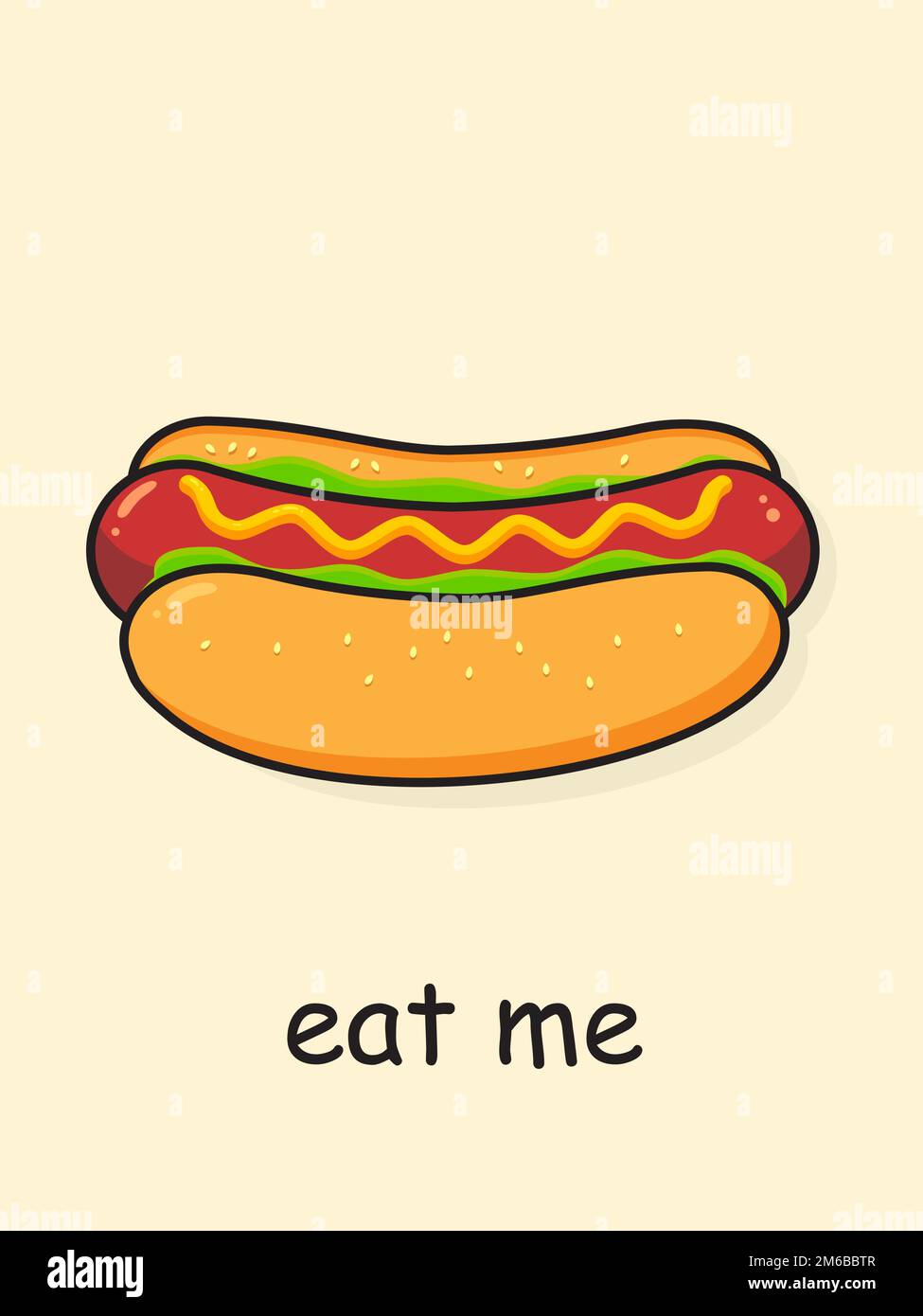 Hotdog de dessin animé. Carte postale mangez-moi. Illustration vectorielle Illustration de Vecteur