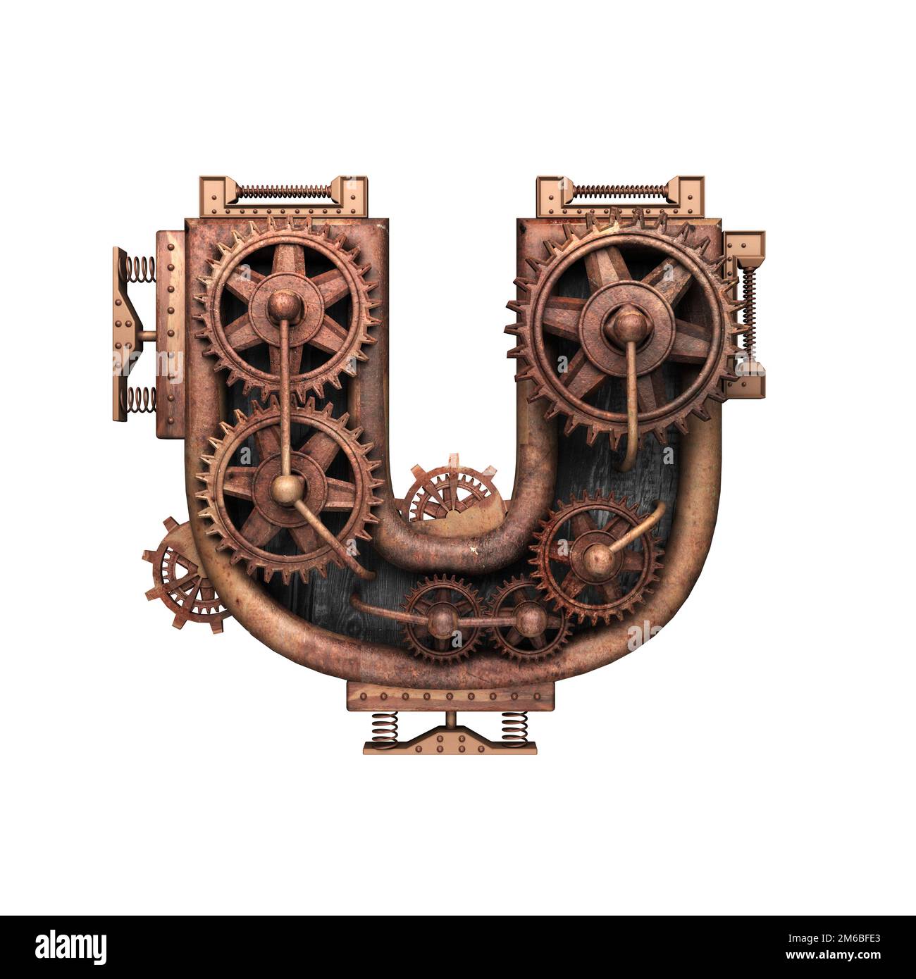 U lettre rouillée isolée avec engrenages sur blanc Banque D'Images