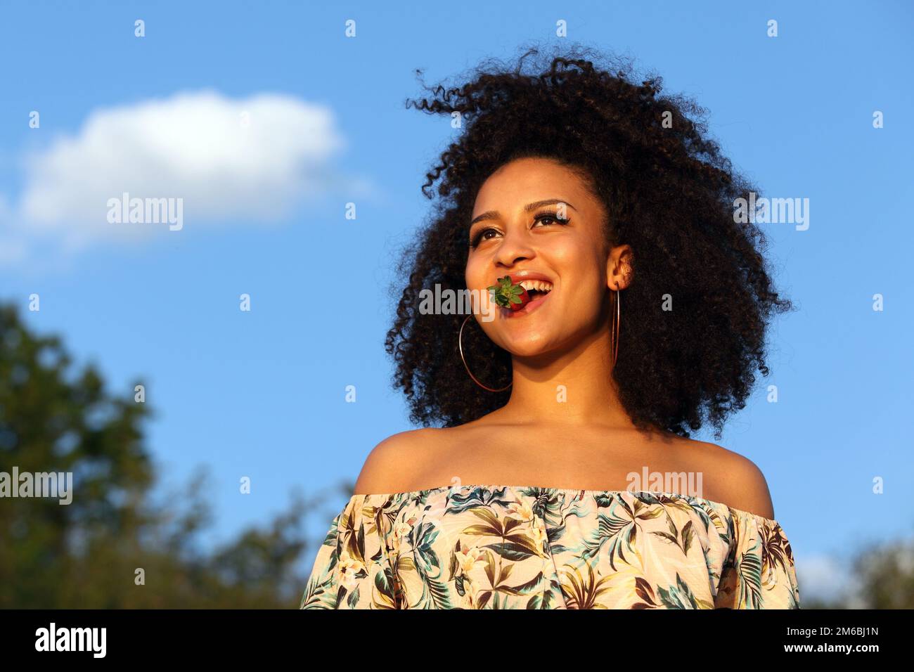 Belle fille africaine avec cheveux bouclés manger une fraise Banque D'Images