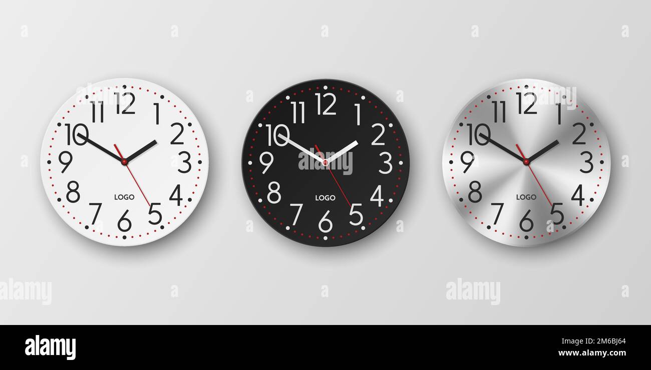 Vector 3D Realistic White, Black, Silver Round Wall Office Clock Icon Set, Design Template Isolated. Cadran, maquette d'horloge murale pour marquage et Illustration de Vecteur