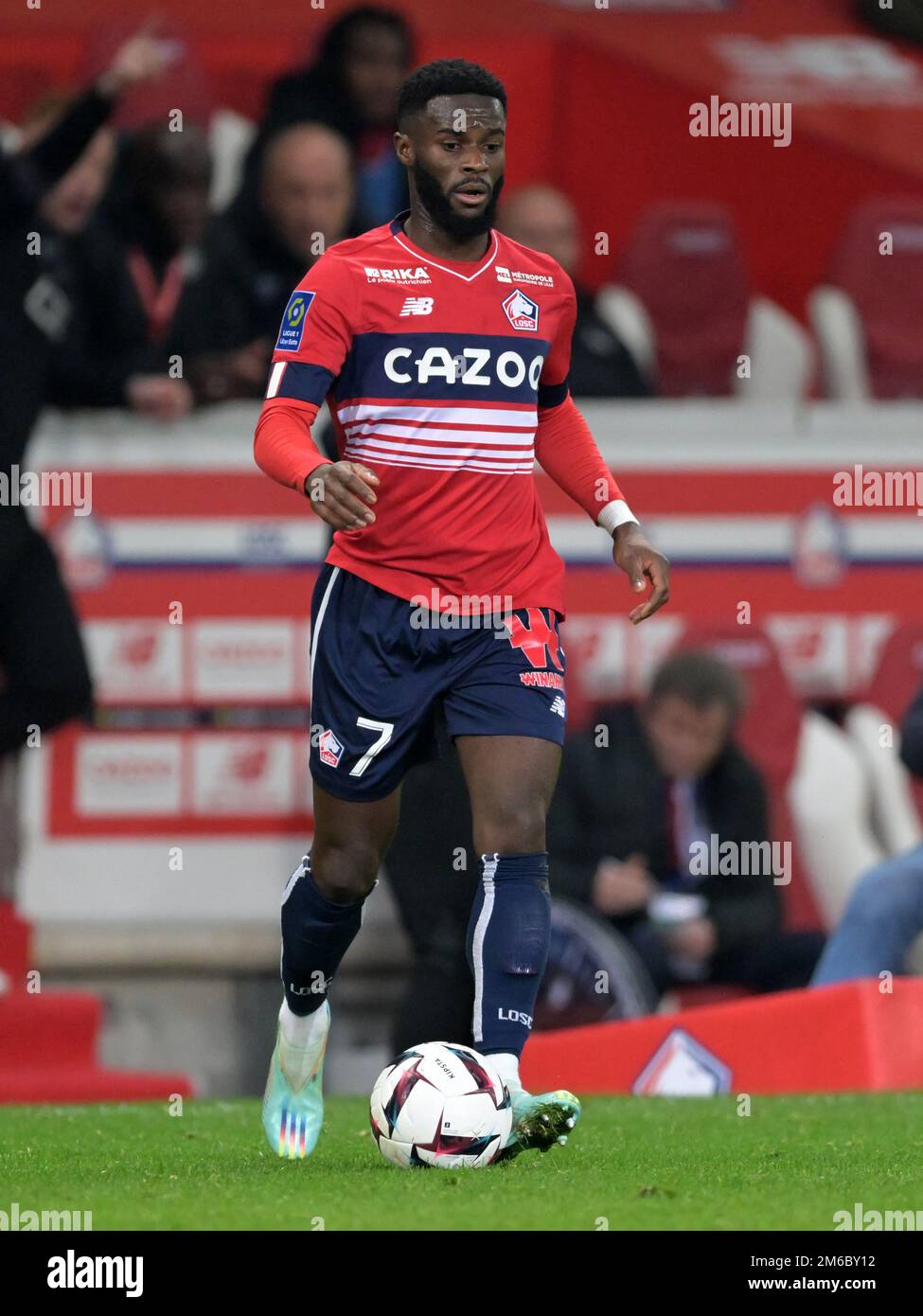 LILLE - Jonathan Bamba de Lille OSC pendant le match de la Ligue française 1 entre Lille OSC et le Stade de Reims au stade Pierre-Mauroy sur 2 janvier 2022 à Lille, France. AP | hauteur néerlandaise | Gerrit van Cologne Banque D'Images