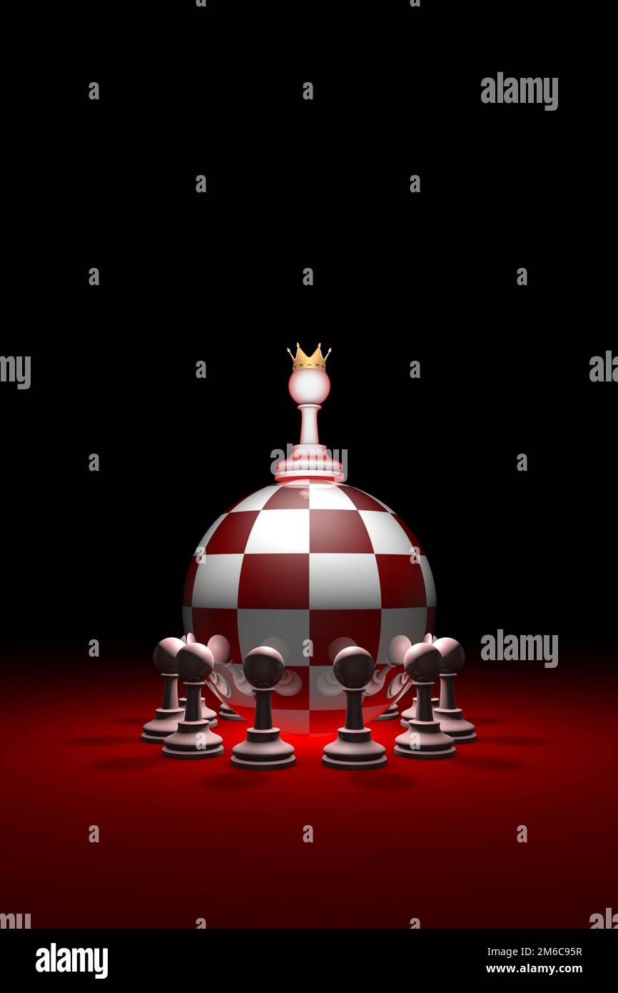 Monarchie. Alimentation sans oppositions. (Métaphore des échecs). 3D rendu de l'illustration. Espace libre pour le texte. Banque D'Images