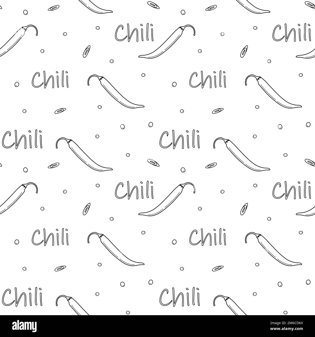 Motif infini avec lettrage, piment et poivre. Cuisine latino-américaine. Épices mexicaines. Dessin de contour. Isoler. Idéal pour les affiches, les cartes, les bannières, le Web ou les étiquettes de prix, les étiquettes ou le papier peint. EPS Illustration de Vecteur