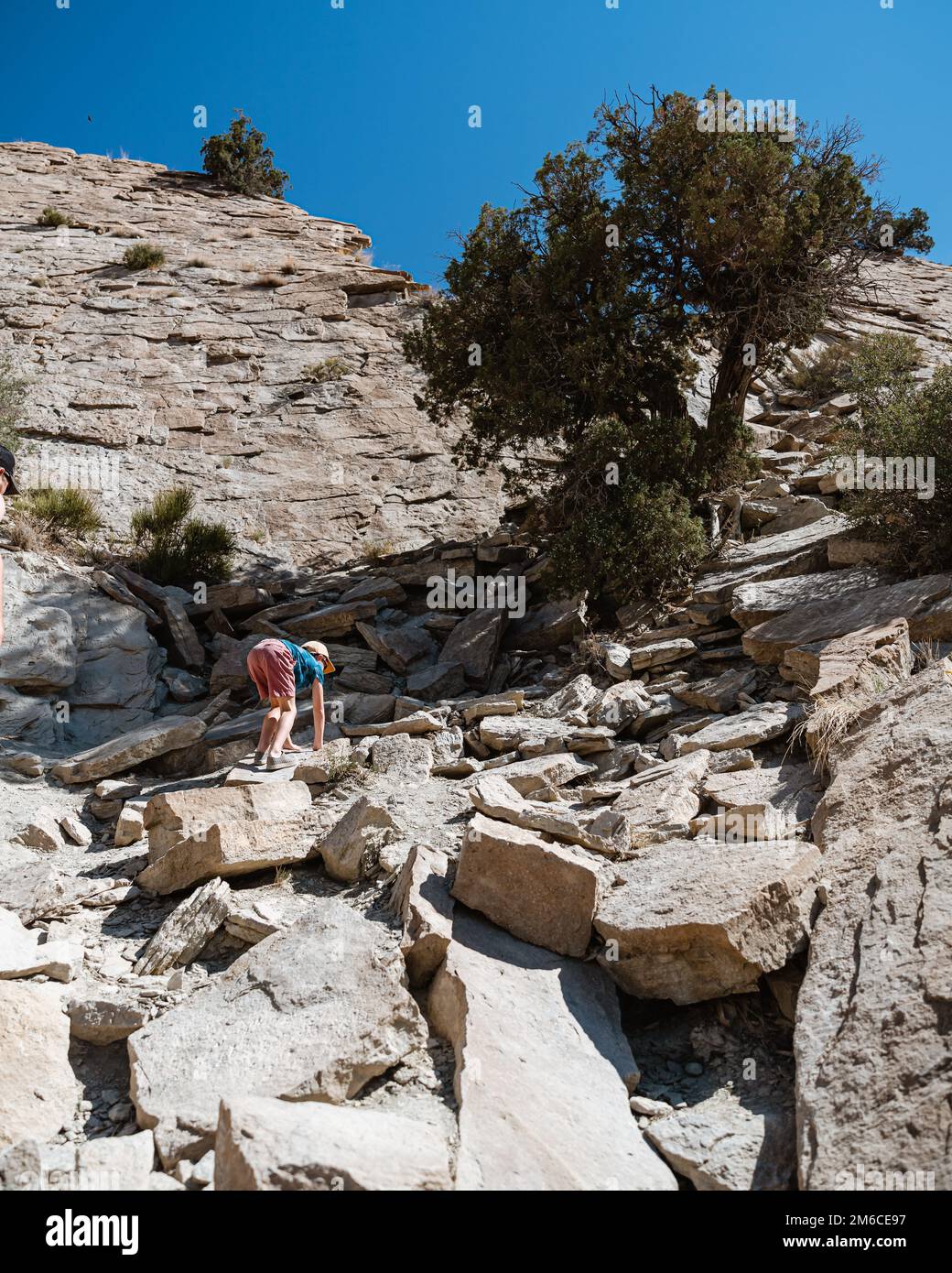 Jeune garçon grimpant sur un terrain rocheux en randonnée Banque D'Images