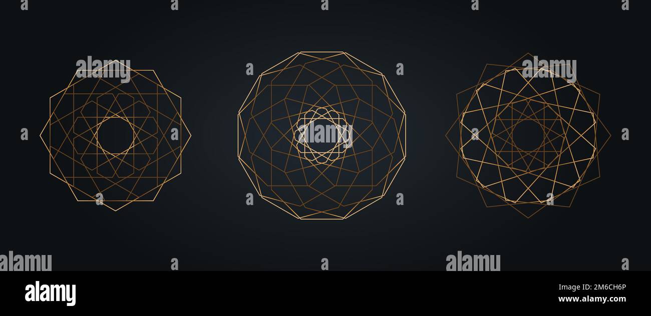 Ensemble or Sacré Mandala, luxueux abstrait géométrique cercle d'or Mandala logo concept ensemble de vecteur Bundles, géométrie sacrée isolé sur le backgro noir Illustration de Vecteur