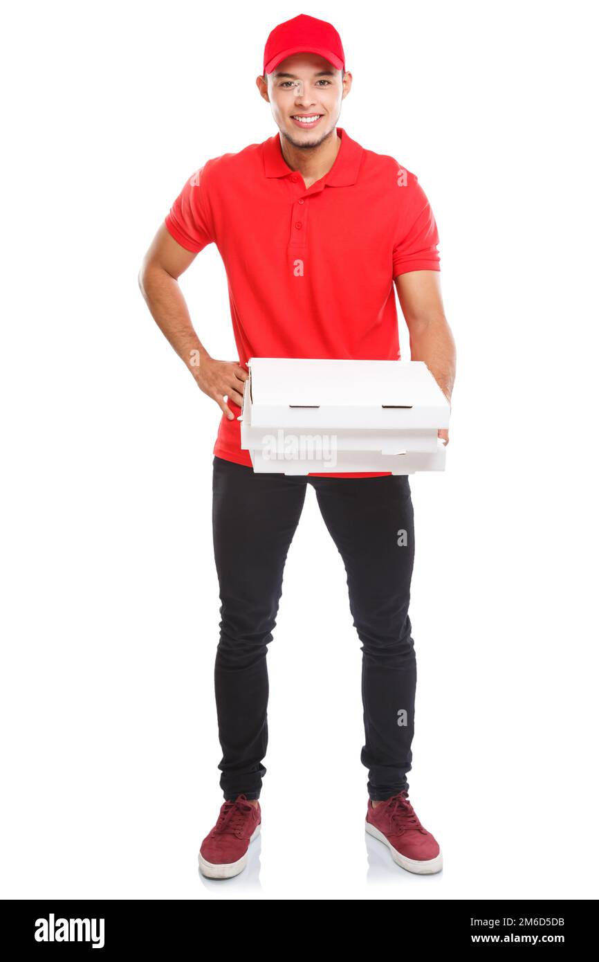 Livraison de pizza latin man garçon commande livraison travail portrait complet du corps livraison boîte jeune isolé sur blanc Banque D'Images