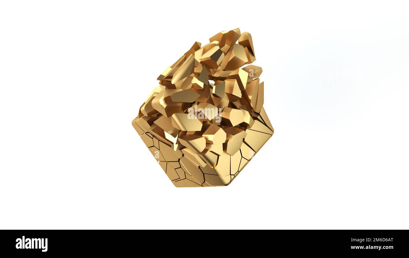 La diffusion de la forme abstraite d'or. Cube d'or se décompose en petits morceaux. 3D render Banque D'Images