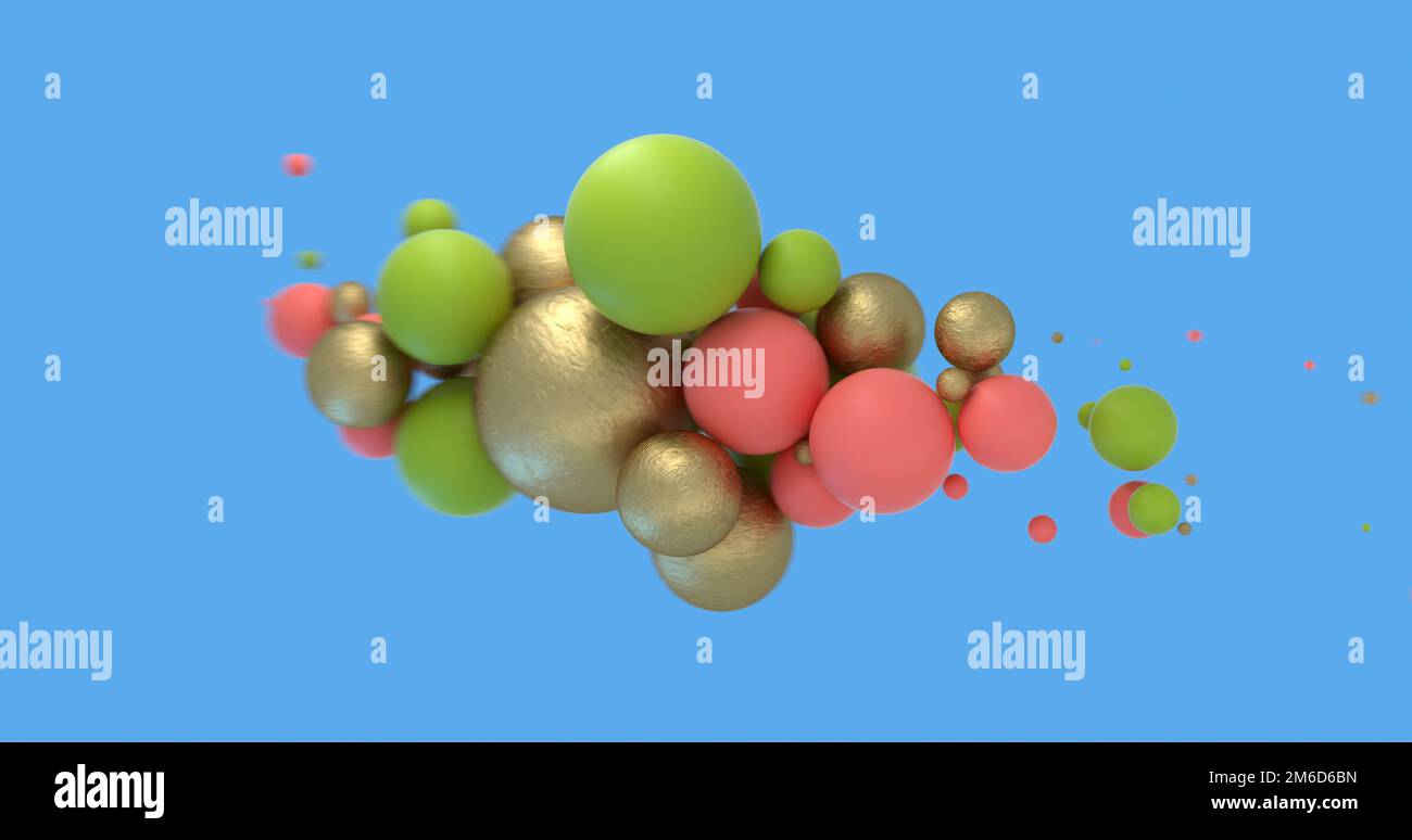 Résumé fond avec Corail vivant, vert et or de sphères sur bleu. Vente de mode design de bannières. Illustration 3D render Banque D'Images