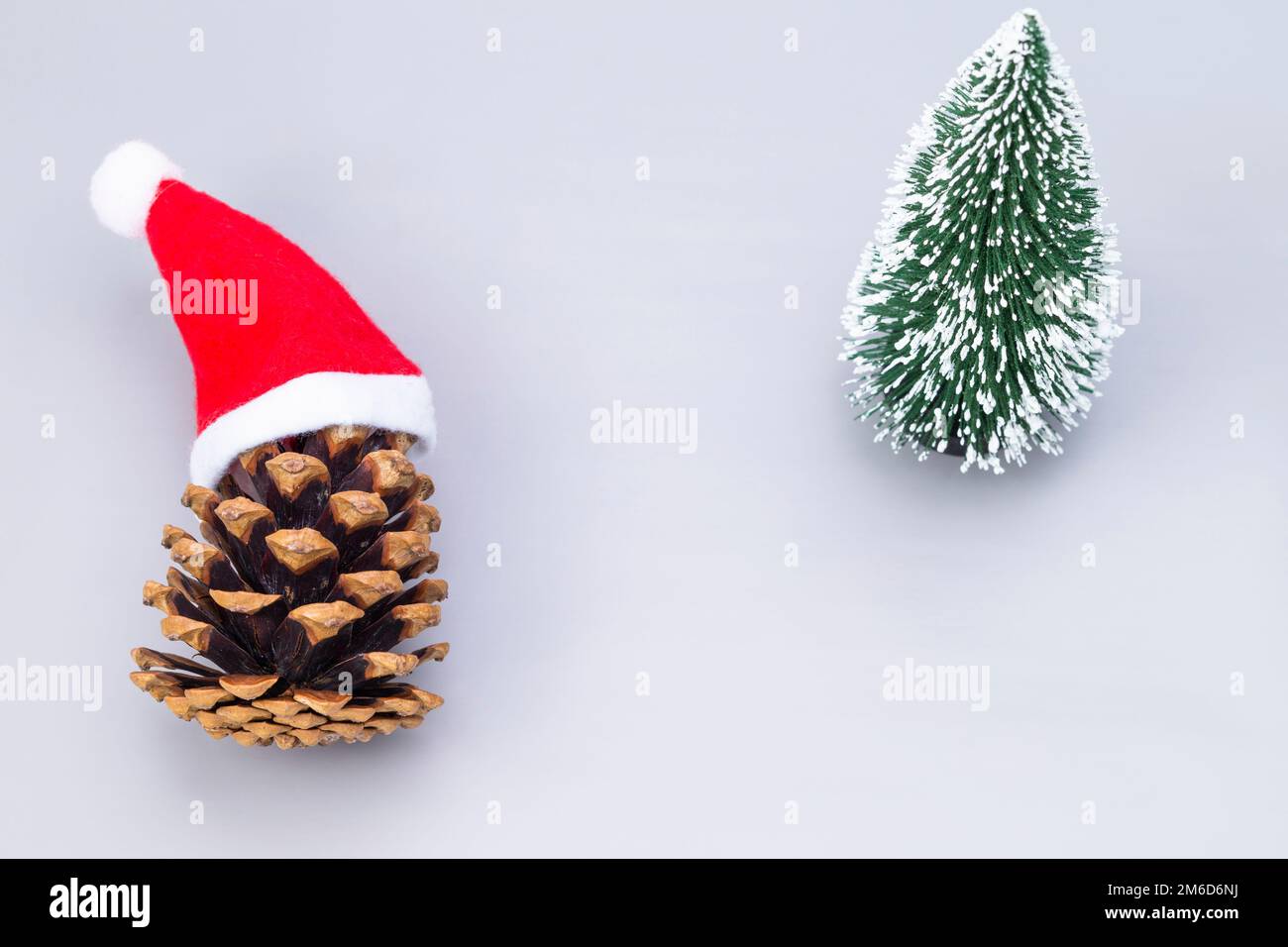 crone de pin avec chapeaux de père Noël et arbre Banque D'Images