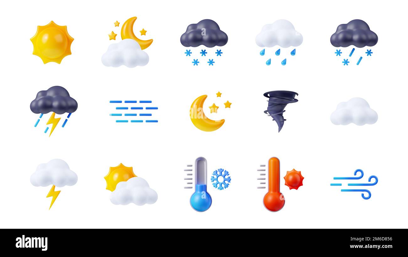 3D icônes de prévisions météo sur fond blanc. Illustration du soleil, de la lune, des nuages blancs noirs avec pluie, neige, foudre, brouillard, vent, symboles de tornade, thermomètres indiquant la température de l'air chaud et froid Banque D'Images