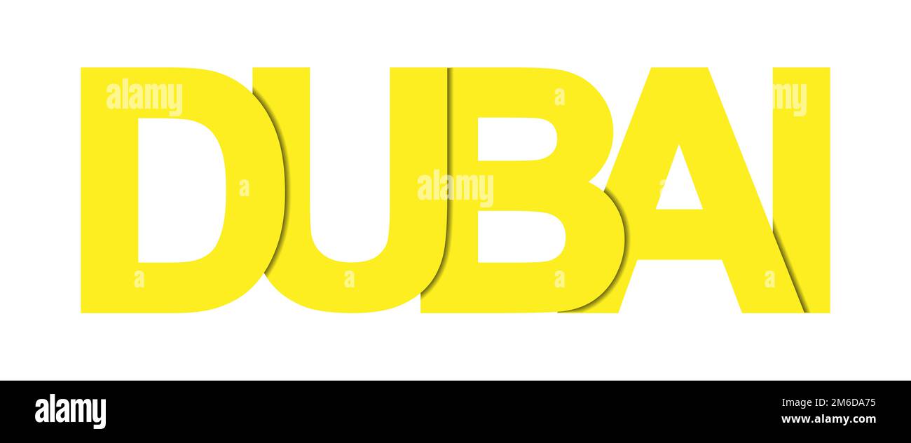 DUBAÏ. Bannière avec le nom de la plus grande ville des Émirats arabes Unis. Banque D'Images