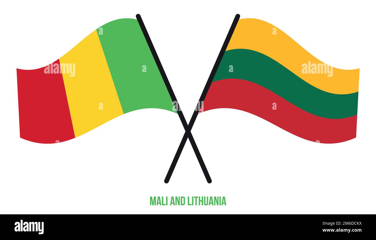 Mali et Lituanie drapeaux croisés et ondulant style plat. Proportion officielle. Corriger les couleurs. Illustration de Vecteur