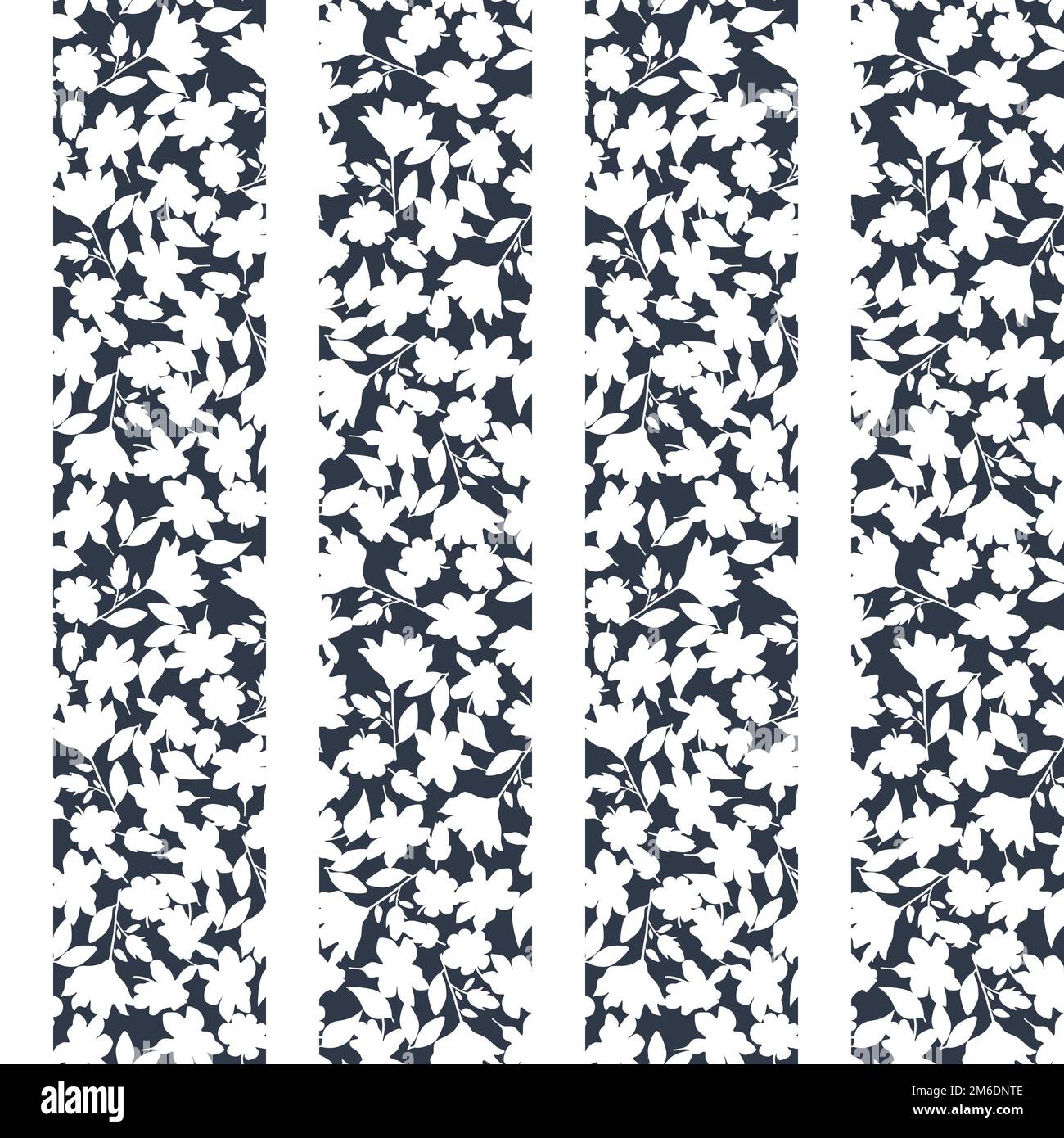 Motif fleuri délicat. Motif sans couture avec rayures et silhouettes de fleurs blanches sur fond noir. Imprimé fleuri monochrome tendance Banque D'Images