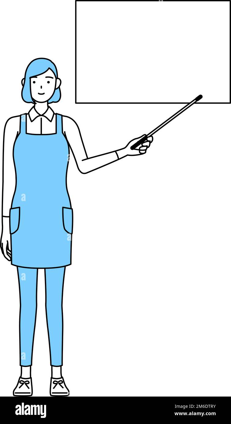 Une femme dans un tablier pointant vers un tableau blanc avec un bâton indicateur. Illustration de Vecteur