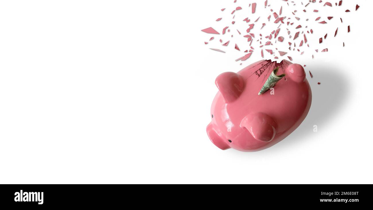 Une banque de porc brisée avec de l'argent et un fond blanc. Banque D'Images