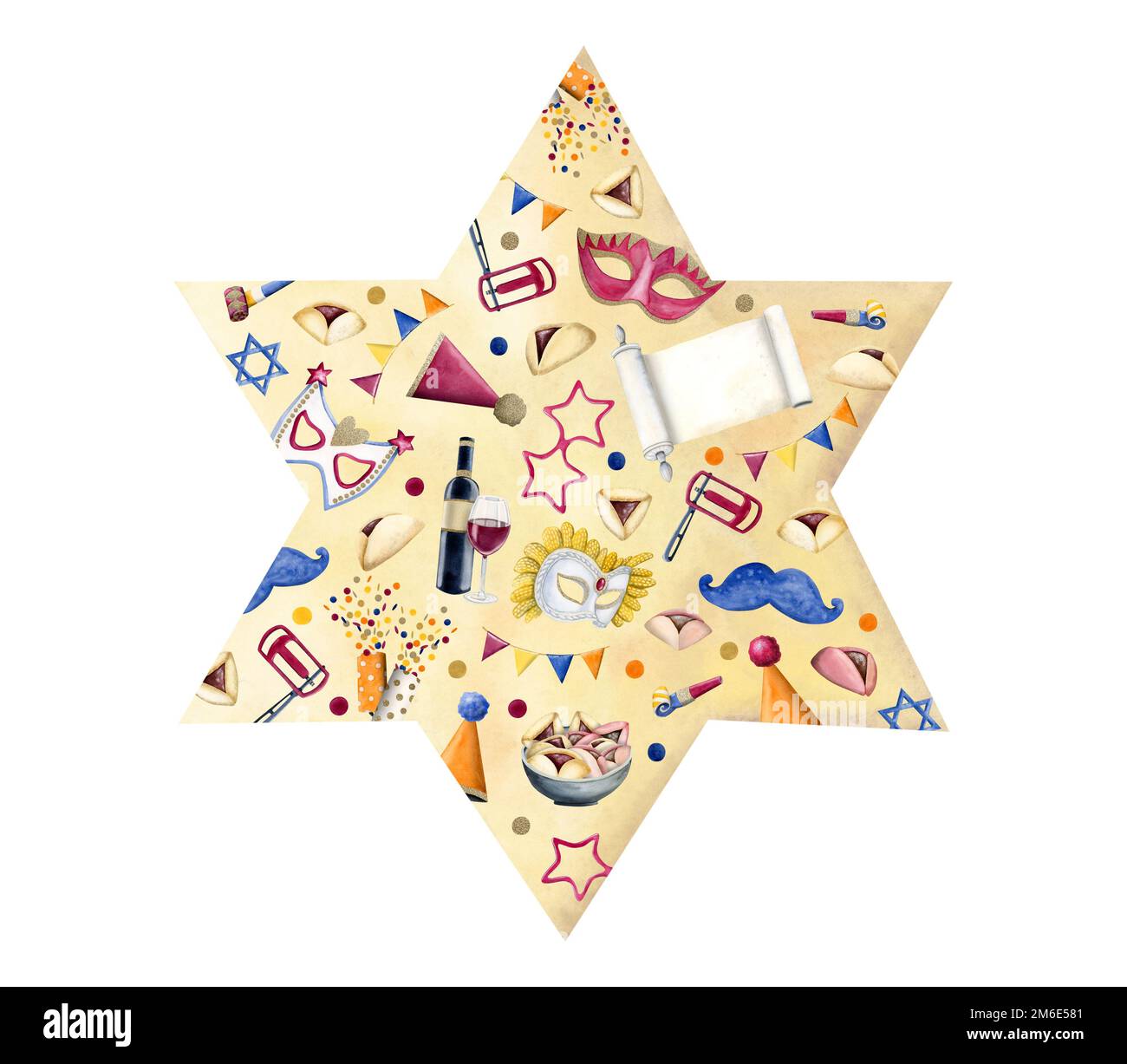 Étoile juive de David avec symboles de vacances Purim, masques d'aquarelle, scroll Esther, chapeaux de fête, boutons-pression, confetti, biscuits, raashan sur fond jaune Banque D'Images