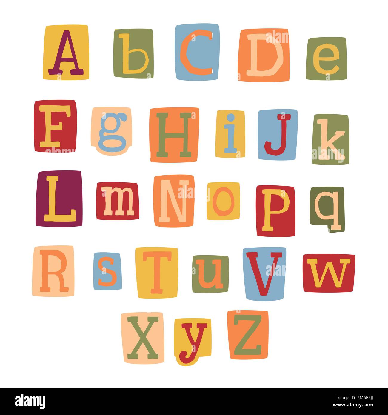 Lettres colorées découpées de l'alphabet de style magazine Y2K. Anonyme notes 90s rétro vintage. Illustration de Vecteur