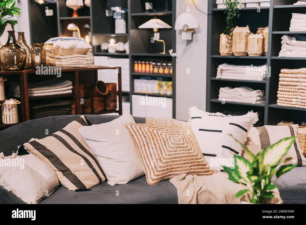 Accessoires pour la maison et produits ménagers dans le magasin du centre commercial. Vue des accessoires pour la maison pour le salon dans la boutique de mode. Canapé avec Banque D'Images