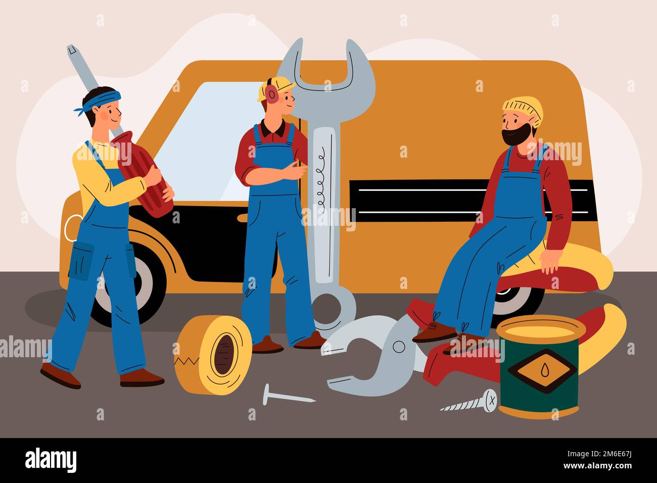 Petits réparateurs. Les gars drôles ont des outils professionnels. Travaillez en équipe dans des combinaisons. Rénovation de la maison. Service d'élimination des pannes. Groupe constructeurs. Menuiserie Illustration de Vecteur