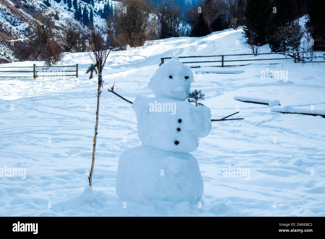 le bonhomme de neige. un grand bonhomme de neige avec un balai. l'hiver s'amuse Banque D'Images