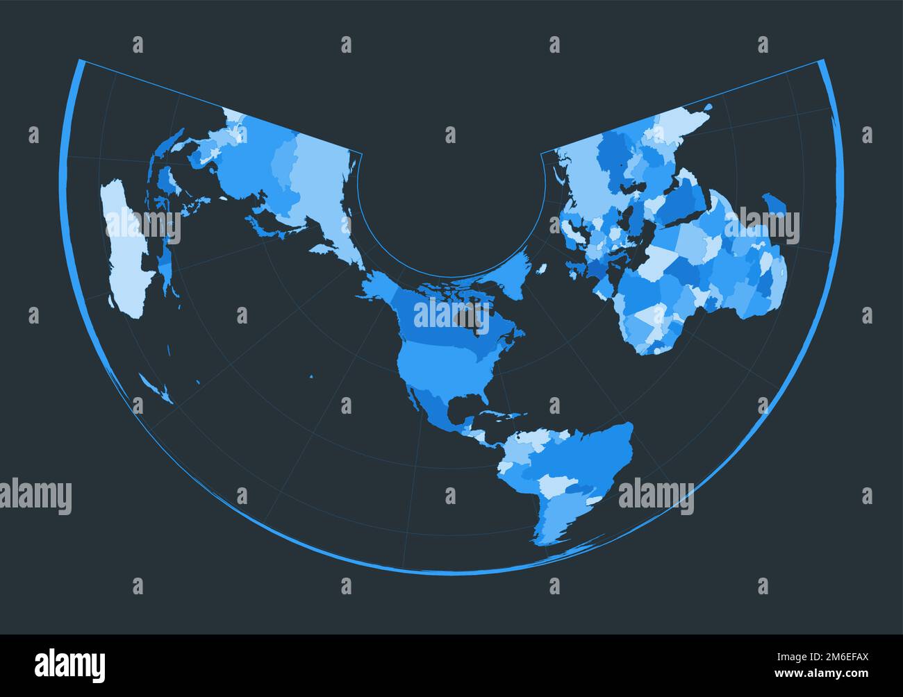 Carte du monde. Projection conique de surface égale Albers. Illustration futuriste pour votre infographie. Belle palette de couleurs bleues. Vecteur artistique illustrat Illustration de Vecteur