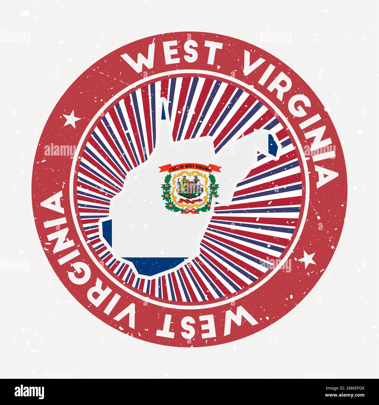 Timbre rond de Virginie occidentale. Logo de l'état américain avec drapeau de l'État. Badge vintage avec texte circulaire et étoiles, illustration vectorielle. Illustration de Vecteur