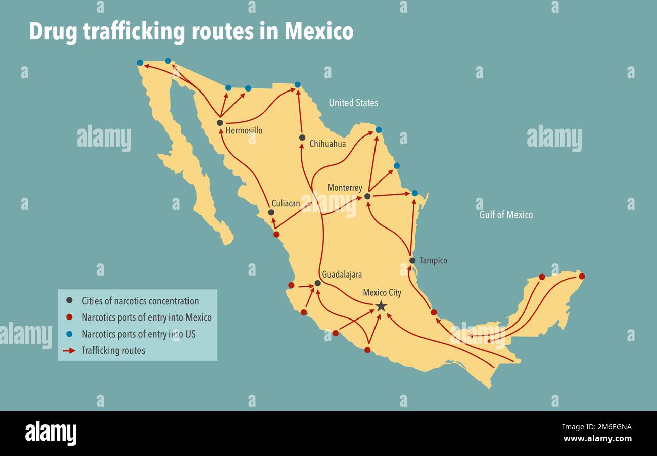 Carte des itinéraires de trafic de drogue utilisés par les cartels au Mexique Banque D'Images