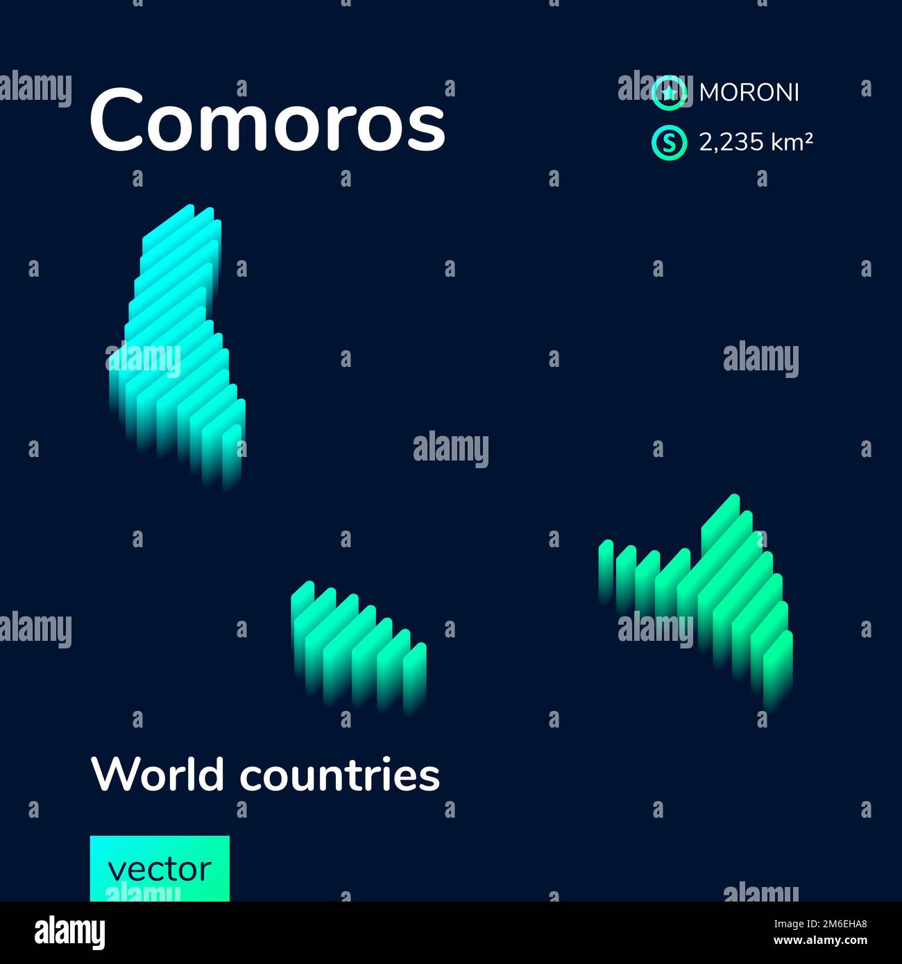 Carte isométrique à vecteur stylisé à rayures de 3D des Comores. La carte des Comores est en vert néon et en couleur menthe sur fond bleu foncé. Illustration de Vecteur