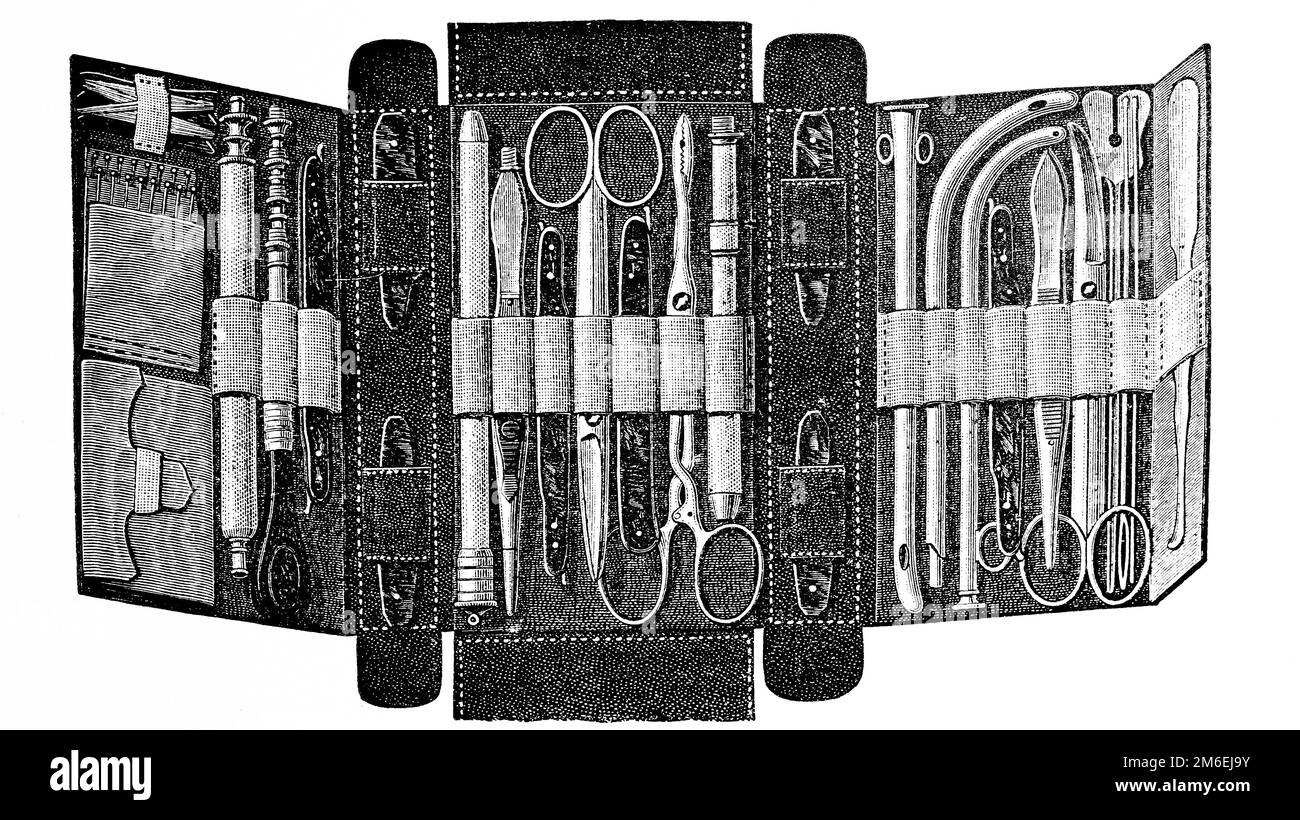 Outils de chirurgien portables.Illustration ancienne d'un livre médical. 1889. Banque D'Images