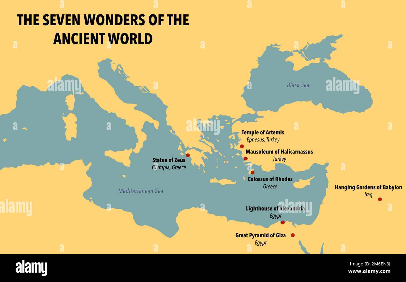 Carte avec les sept merveilles du monde antique Banque D'Images